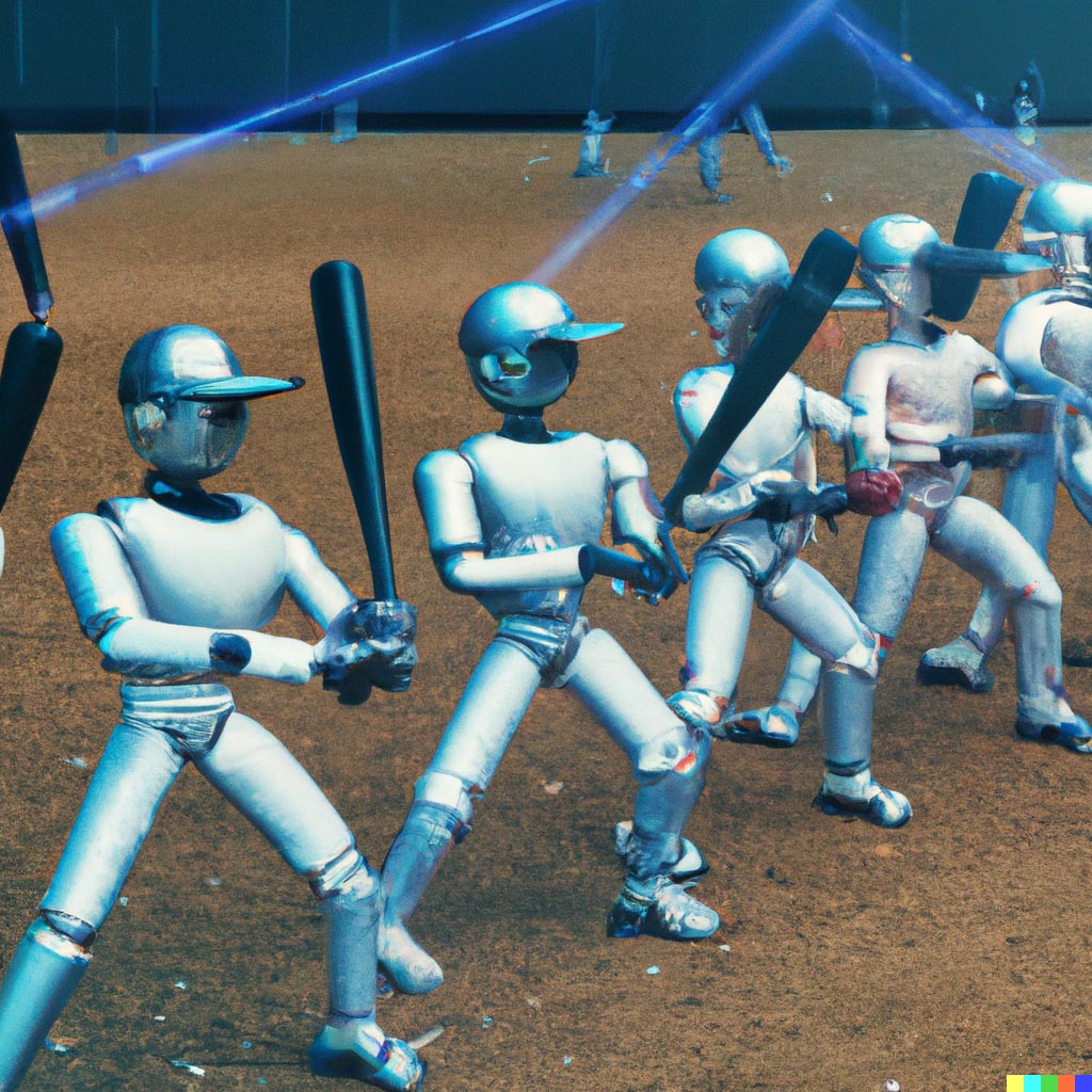DALL·E prompt: robot baseball players all swinging their bats in a line, digital art 4k